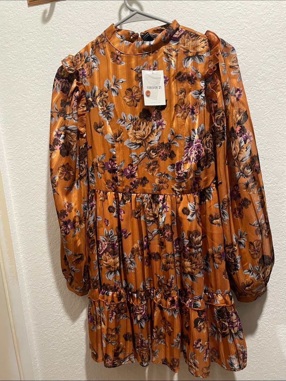 Forever 21 Burnt Orange Floral Long-Sleeve Tiered Mini Dress